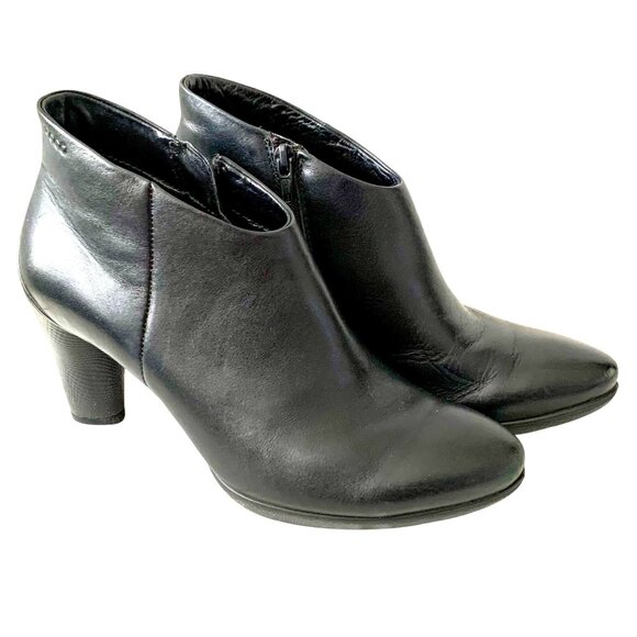 Ecco Sculptured 75 Low Cut Black Leather Ankle Booties 38 Side Zip Block Heel - Picture 1 of 10